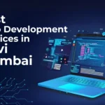 Laptop displaying code and "Best Web Development Services in Navi Mumbai," with development terms like HTML5, Mobile App, UI/UX, C+, Swift.