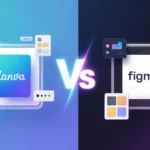 An image comparing Canva and Figma, with their logos and abstract design elements on opposing sides of a "Vs" symbol.