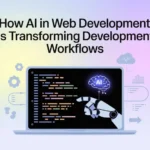 AI in web development: a robotic hand interacts with code on a laptop screen, showing a glowing AI brain icon.