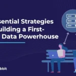 A man and a woman on laptops connected to a server rack, with the title "5 Essential Strategies for Building a First-Party Data Powerhouse.