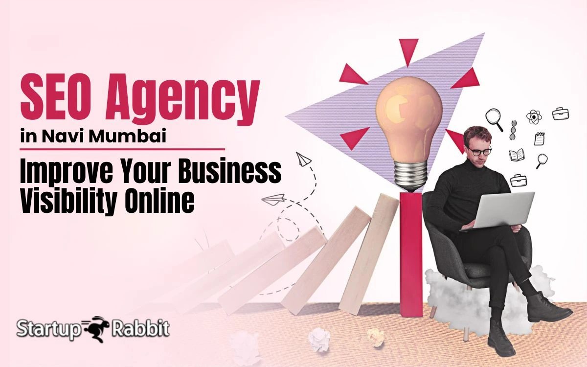 Advertisement for Startup Rabbit SEO Agency in Navi Mumbai, showing a man with a laptop and a lightbulb graphic.