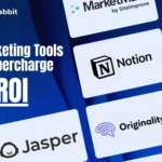 Logos for AI marketing tools Notion, Jasper, and Originality.ai are displayed with text "AI Marketing Tools To Supercharge ROI"