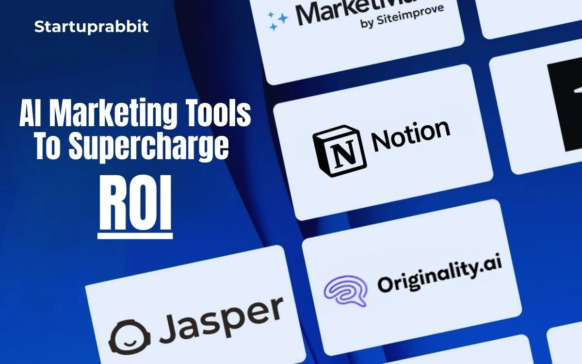 Logos for AI marketing tools Notion, Jasper, and Originality.ai are displayed with text "AI Marketing Tools To Supercharge ROI"