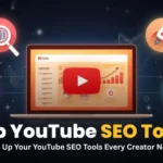 A laptop displays YouTube analytics with icons for SEO tools: search, rocket, charts, and settings. Text: 'Top YouTube SEO Tools'.