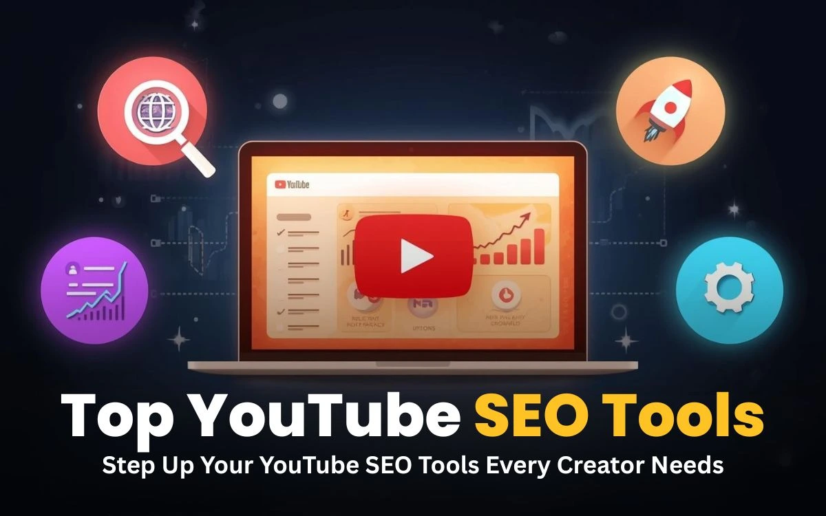 A laptop displays YouTube analytics with icons for SEO tools: search, rocket, charts, and settings. Text: 'Top YouTube SEO Tools'.