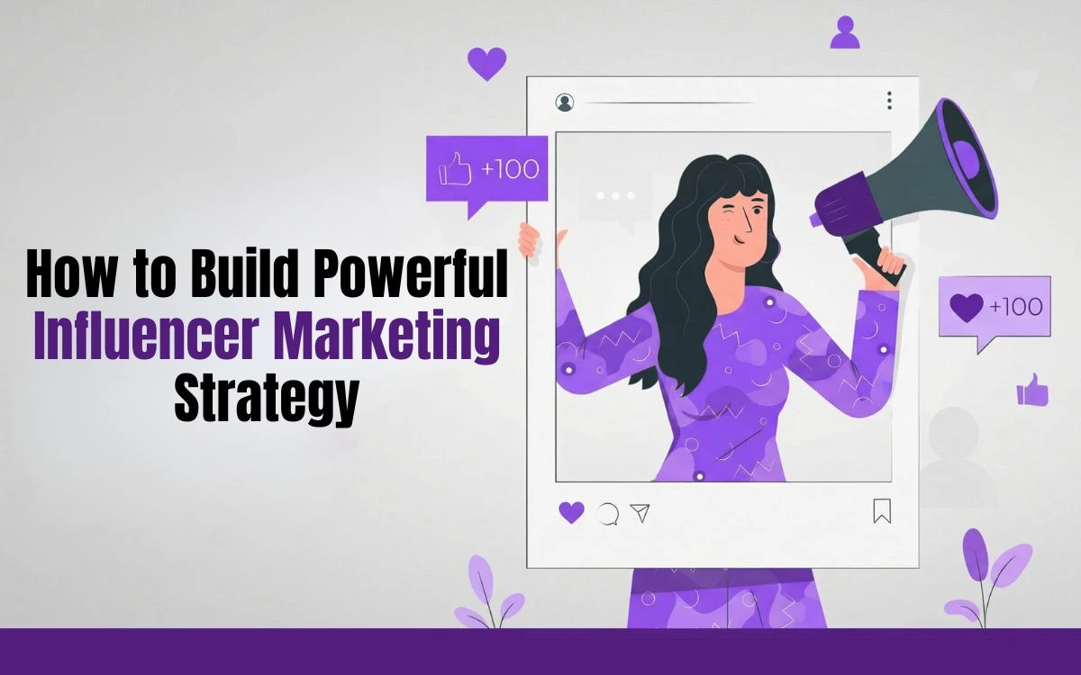 An illustration of a woman holding a megaphone within a social media post, titled "How to Build Powerful Influencer Marketing Strategy".