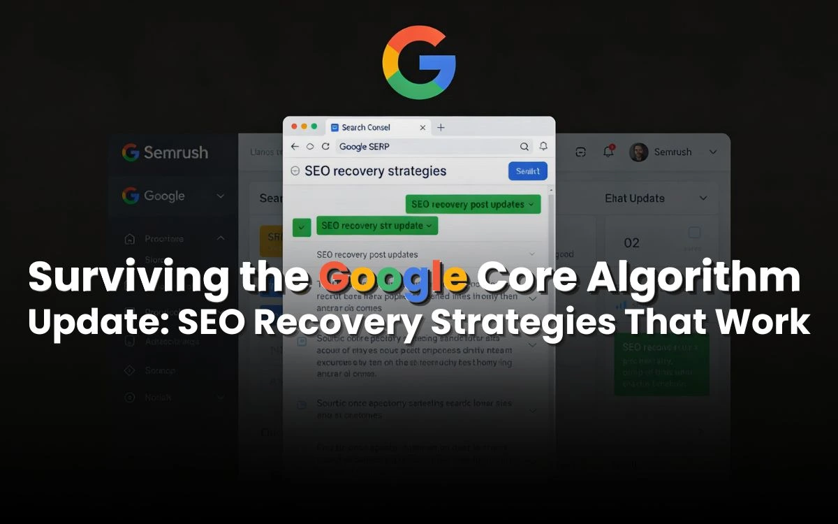 A presentation slide titled 'Surviving the Google Core Algorithm Update: SEO Recovery Strategies That Work' with Google and Semrush logos.