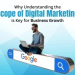 A man sits on a large Google search bar with a laptop. Text: Scope of Digital Marketing is Key for Business Growth.
