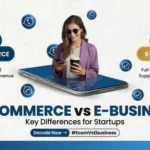 A comparison graphic of E-Commerce (online sales) vs E-Business (full operations) featuring a woman using a smartphone.