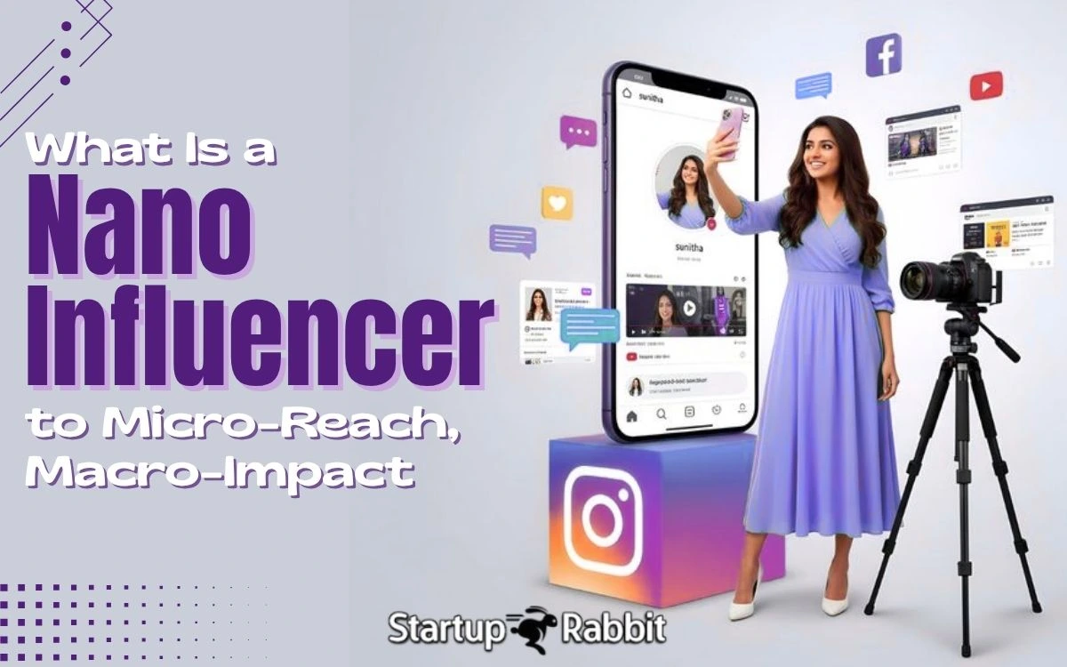 A woman in a blue dress stands by a giant phone and camera. Text reads: "What is a Nano Influencer" by Startup Rabbit.