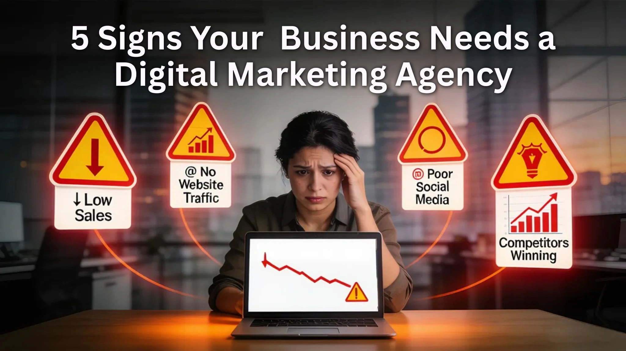 A woman stressed over a laptop with a downward graph and signs for low sales, no traffic, poor social media, and competitors winning.