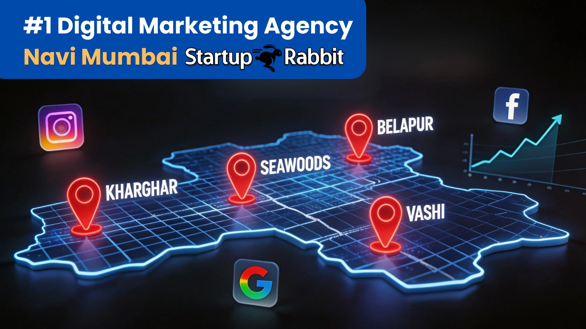 #1 Digital Marketing Agency Navi Mumbai Startup Rabbit map with locations: Belapur, Kharghar, Seawoods, Vashi.
