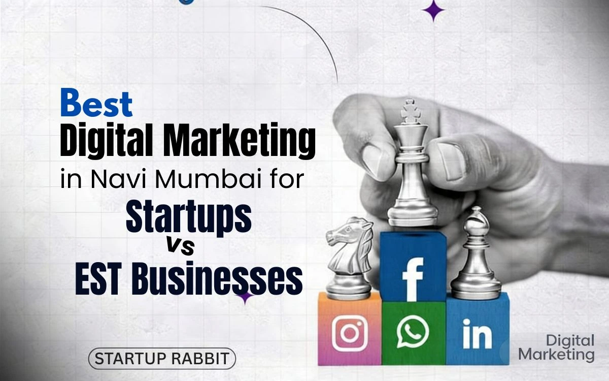 Digital marketing graphic for Navi Mumbai startups and businesses featuring chess pieces on social media icon blocks.