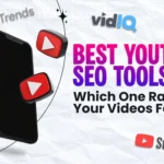 Graphic featuring "Best YouTube SEO Tools" text, smartphone, and logos for Google Trends, vidIQ, TubeBuddy, and YouTube.