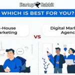 Comparison graphic of "In-House Marketing vs Digital Marketing Agency" featuring office and team illustrations.