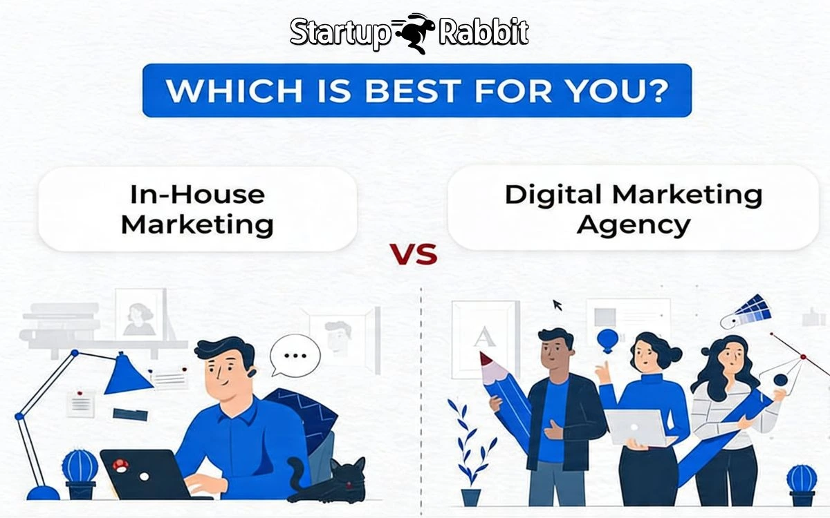 Comparison graphic of "In-House Marketing vs Digital Marketing Agency" featuring office and team illustrations.