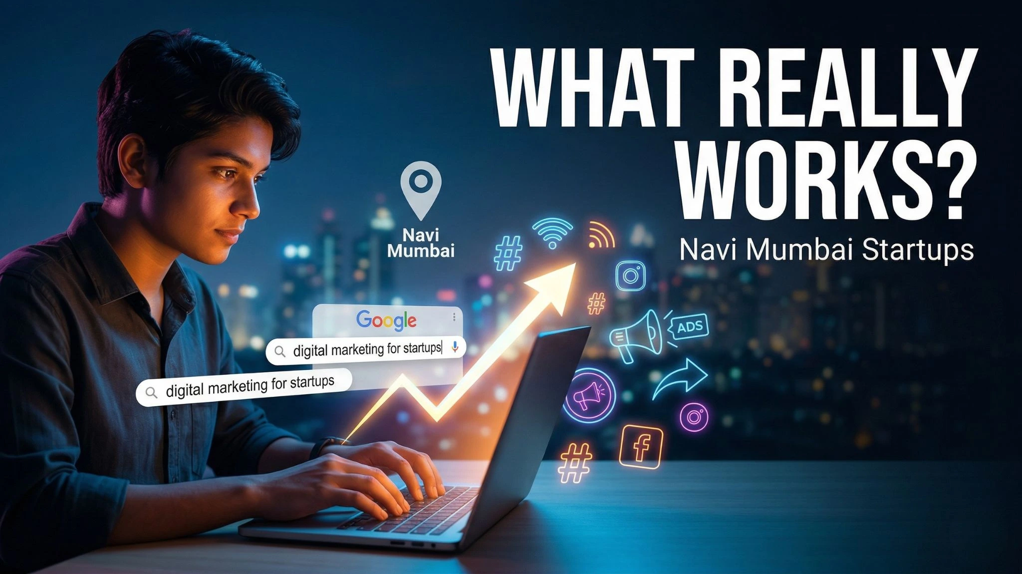 A person on a laptop, a map pin for Navi Mumbai, and digital marketing icons pointing to an upward trend arrow.