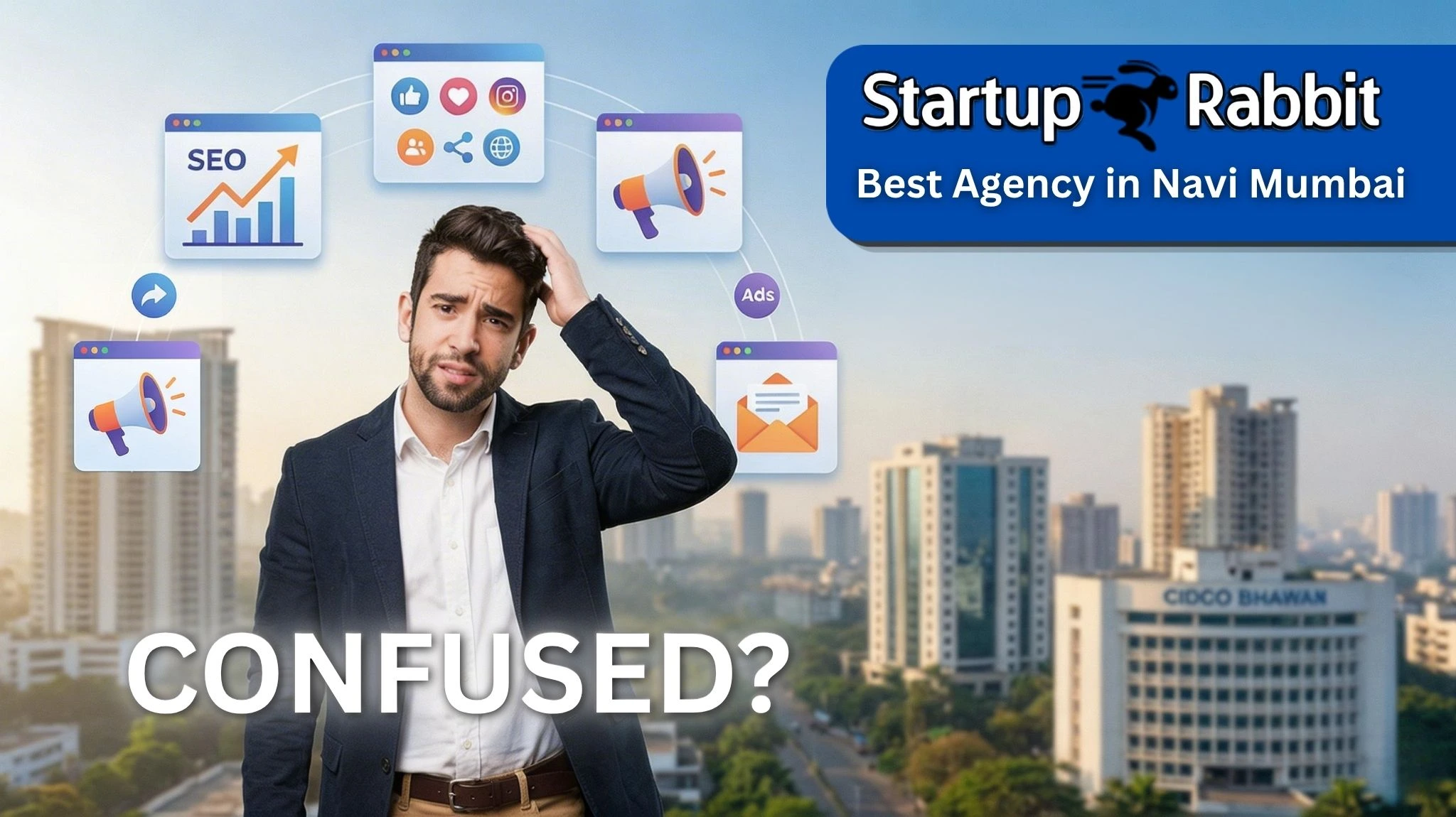 Startup Rabbit ad showing a confused man surrounded by icons for SEO, social media, and ads services in Navi Mumbai.