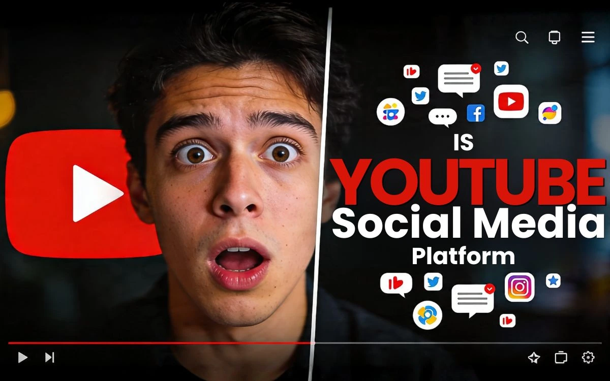 A man with a shocked face next to the YouTube logo and text asking if YouTube is a social media platform.