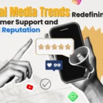 Social media trends redefining customer support and brand reputation. Features hands, phone, reviews, and social logos.