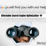Binoculars peering through a paper tear under a search bar reading "Affordable Search Engine Optimization" by Startup Rabbit.